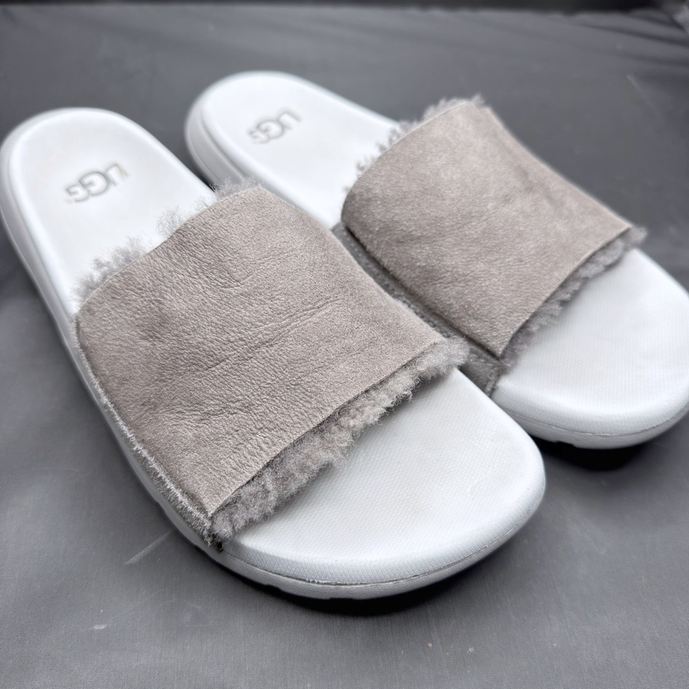 UGG Womens Slide Sandals Grey Suede Sheepskin Lined Treadlite Sole Casual Shoes